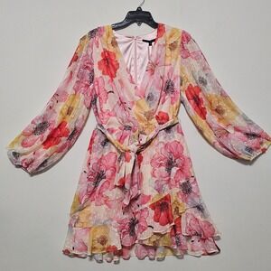 Alex Marie Womens Dress 10 Fits Medium Pink Yellow Mini Chiffon Long Sleeves 768